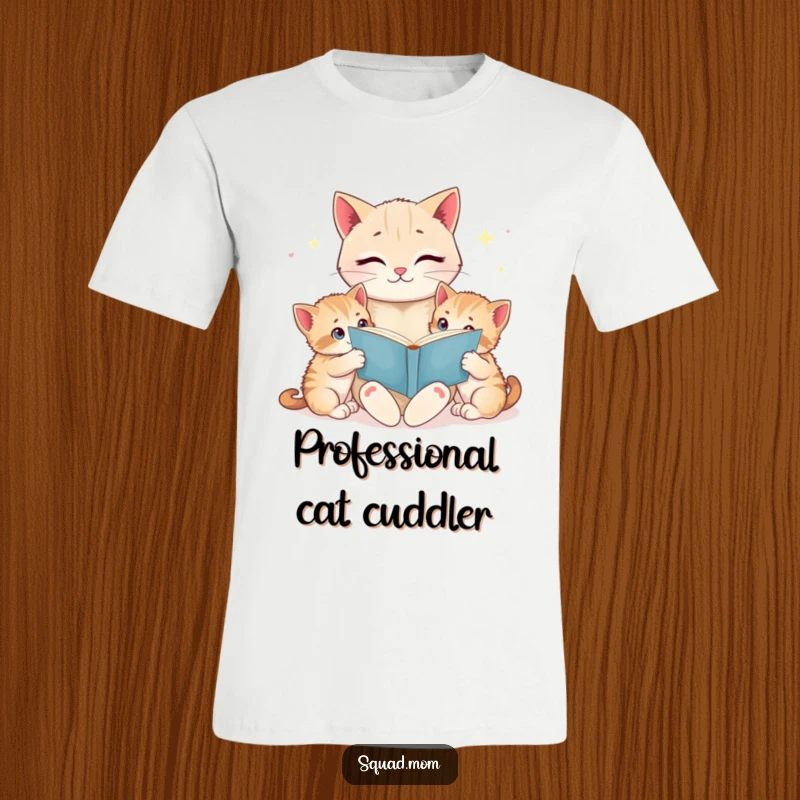 Funny cat mom reading a bedtime story to her wide-eyed kittens, printed on a soft t-shirt, perfect for casual wear and gifting.