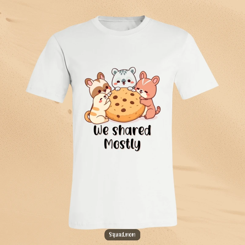 Funny t-shirt illustrating an energetic group of animal friends enthusiastically sharing a colossal cookie, a humorous depiction of camaraderie.