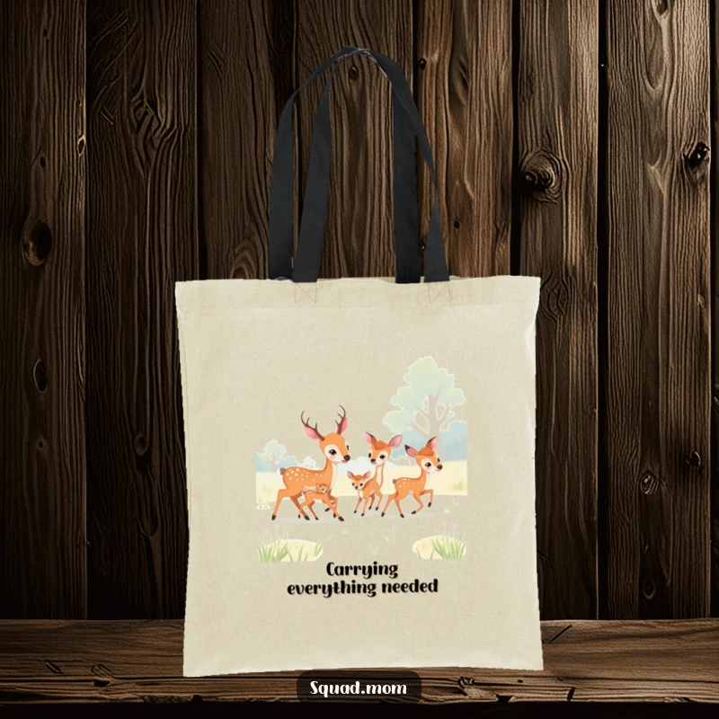 Funny deer moms and fawns playing tag in a meadow, printed on a durable tote bag, great for shopping and outings.