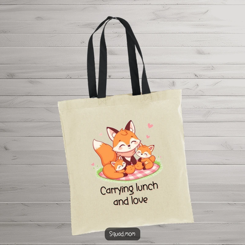 Funny Fox Mom and kits tote bag featuring a happy picnic scene, perfect for carrying essentials with family flair.