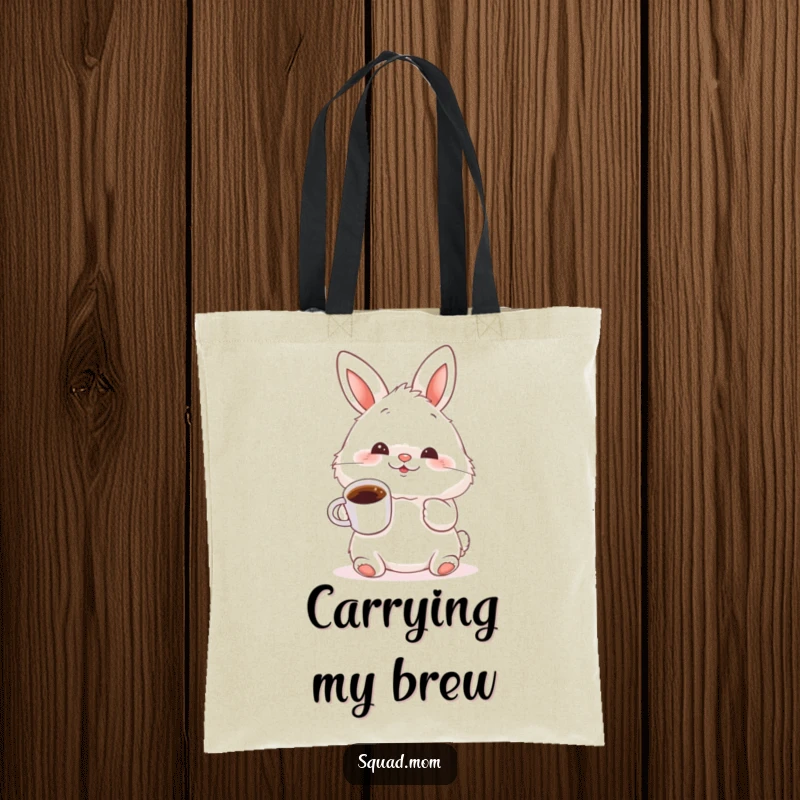 Funny fluffy bunny wiggling its nose and holding a tiny coffee cup, a cute and humorous tote bag for daily use.