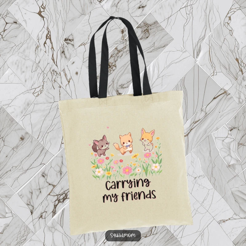 Funny tote bag showcasing a group of happy animal friends playing tag amidst a field of flowers, perfect for carrying essentials with a playful touch.