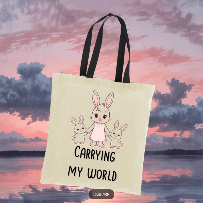 Funny Eco Tote Bag: A caring bunny mom character holding hands with two small bunny children, symbolizing family.