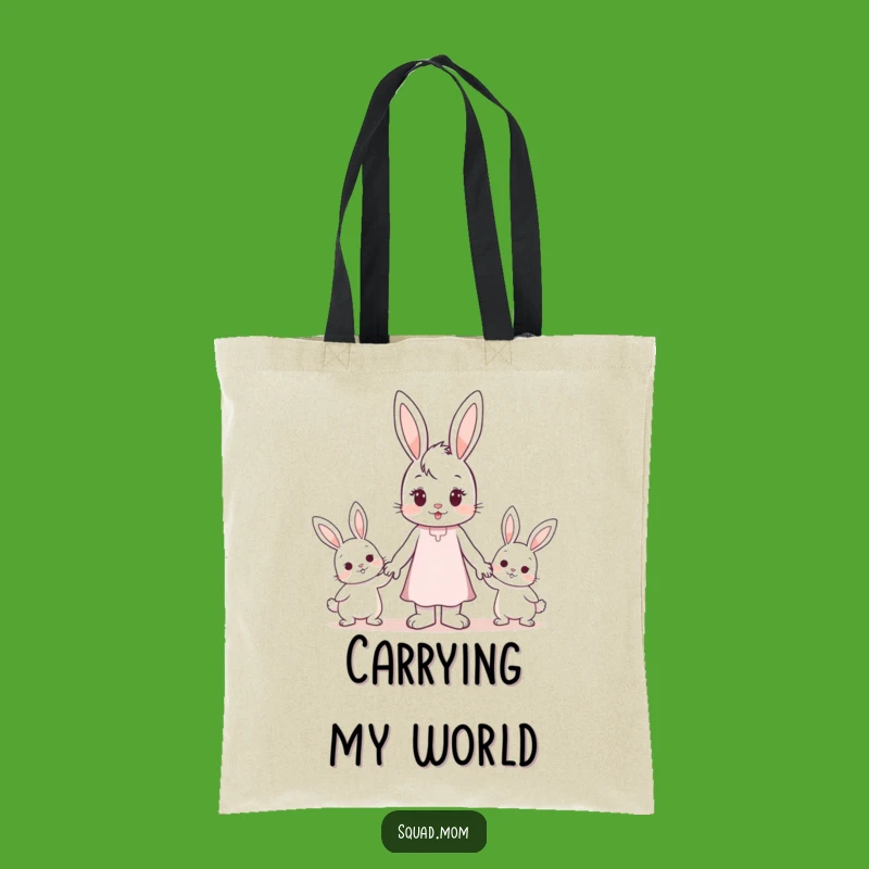 Funny Eco Tote Bag: Bunny Mom Holding Hands with Kids Design
