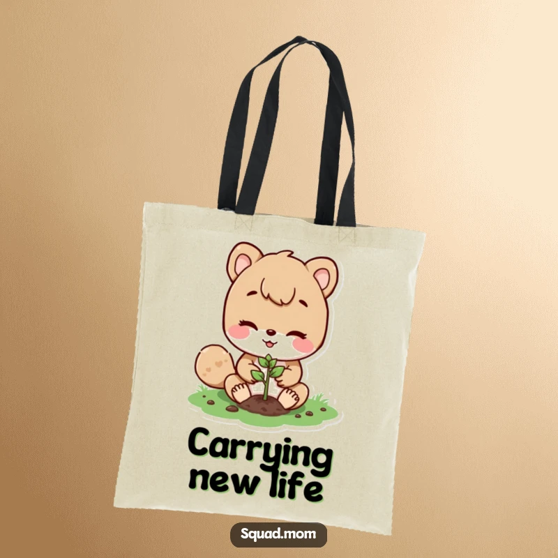Funny tote bag featuring a delightful animal mom character planting a tiny seed, perfect for carrying groceries or gardening supplies with a smile.