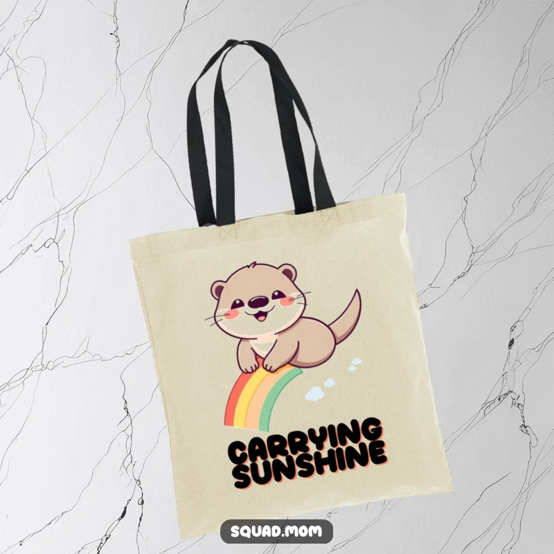 Funny Otter Rainbow Tote Bag: A smiling otter slides down a colorful rainbow, ready for your items.