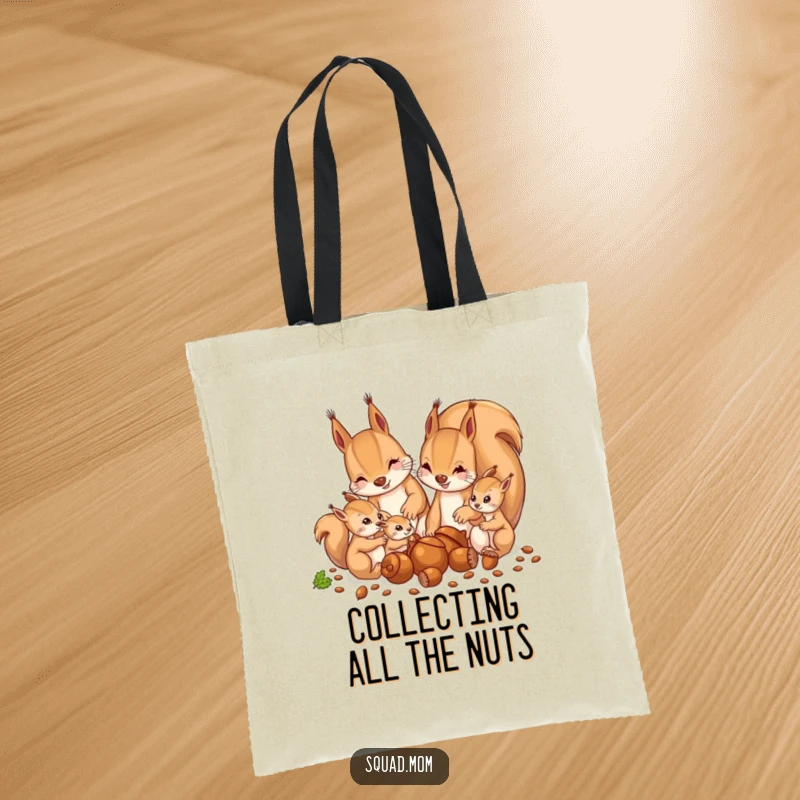 Funny tote bag illustration of a mother squirrel and babies busy gathering acorns, a humorous accessory for carrying essentials.