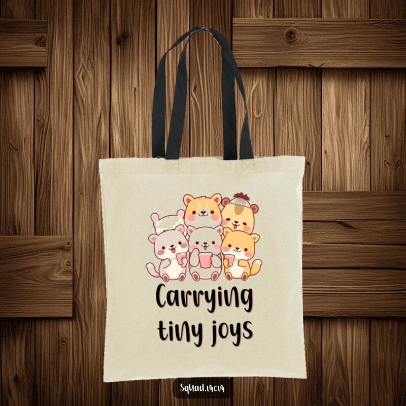 Funny tote bag featuring a cheerful group of animal friends toasting with small cups, perfect for carrying goodies and good vibes.