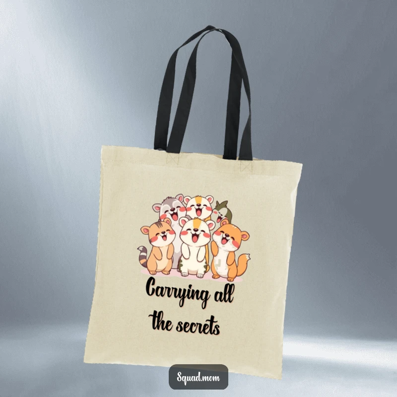 Funny Tote Bag: Group of animal friends giggling and pointing upwards, perfect for carrying fun items.