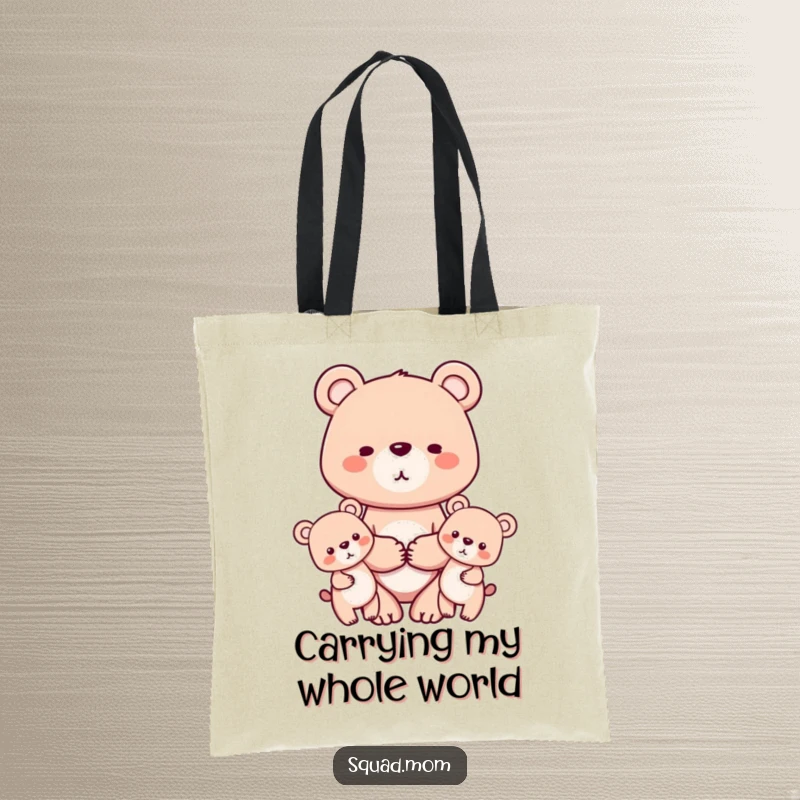 Funny tote bag featuring a mother bear holding hands with her two cubs, symbolizing family unity and love for everyday use.