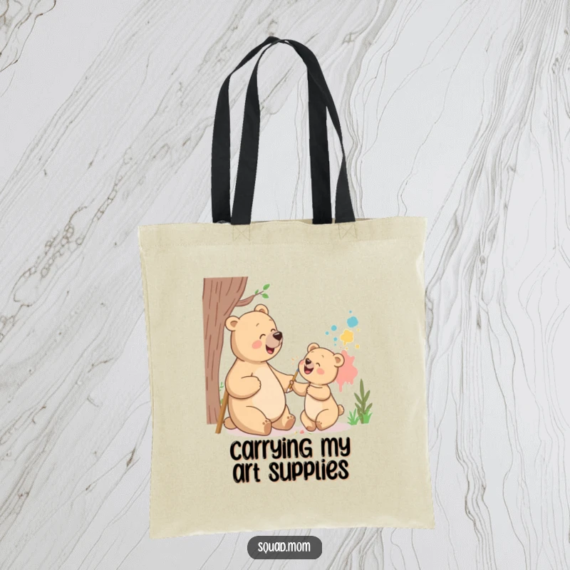 Funny bear mom and cub tote bag with them giggling while painting a mural, a stylish and humorous accessory for creative moms.