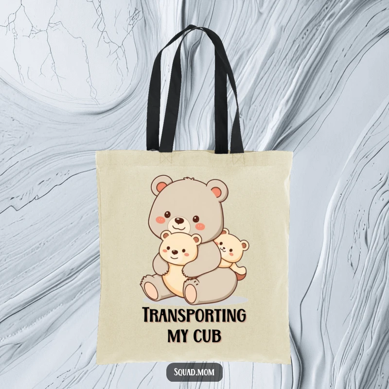 Funny tote bag with a happy bear mom giving her cub a piggyback ride, perfect for carrying belongings with a cute and humorous design.