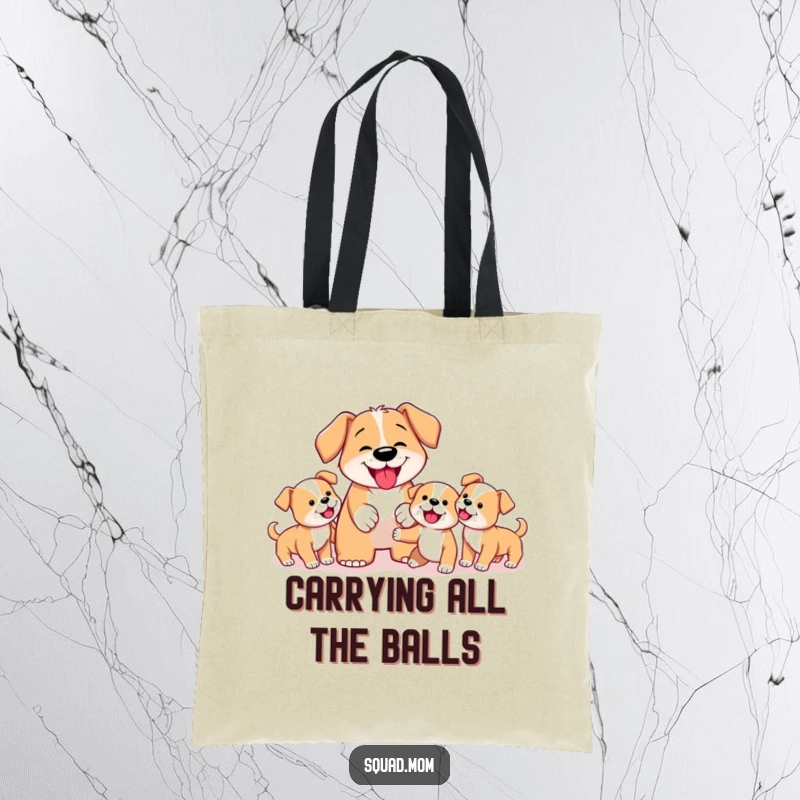 Funny Dog Mom Tote Bag showcasing a resolute mother dog teaching her puppies the basics of fetching, a humorous portrayal of doggy education.