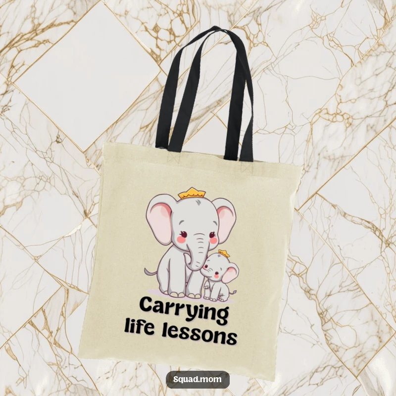 Funny Wise Elephant Mom Giving Advice to Calf, Humorous Family Accessory Tote