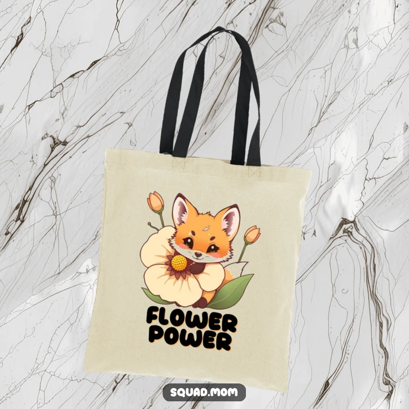 Funny Fox Cub Tote Bag: A charming, playful cub emerges from behind a big, beautiful flower.