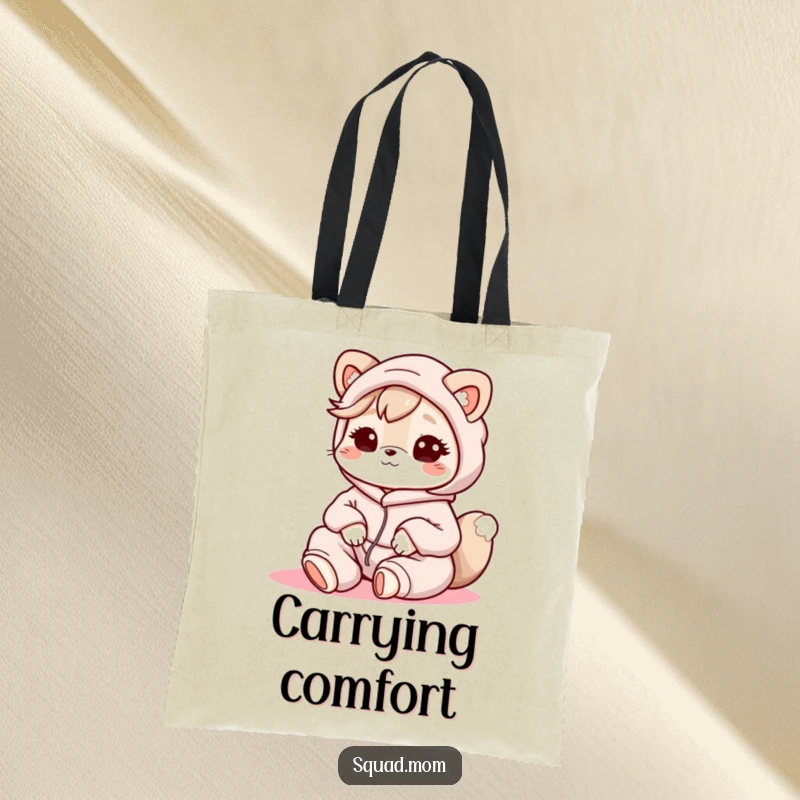 Funny Kawaii Mom Friend Tote Bag: A cute animal character in loungewear is depicted, symbolizing a relaxed and friendly mom vibe.