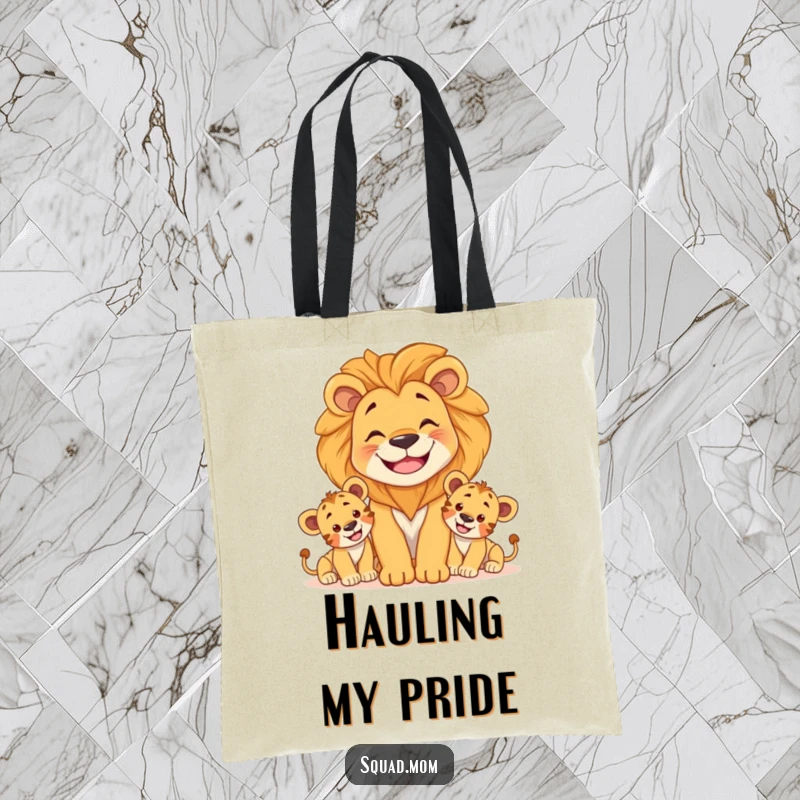 Funny tote bag with a smiling lion mom shielding her playful cubs, perfect for everyday use with a touch of fierce love.
