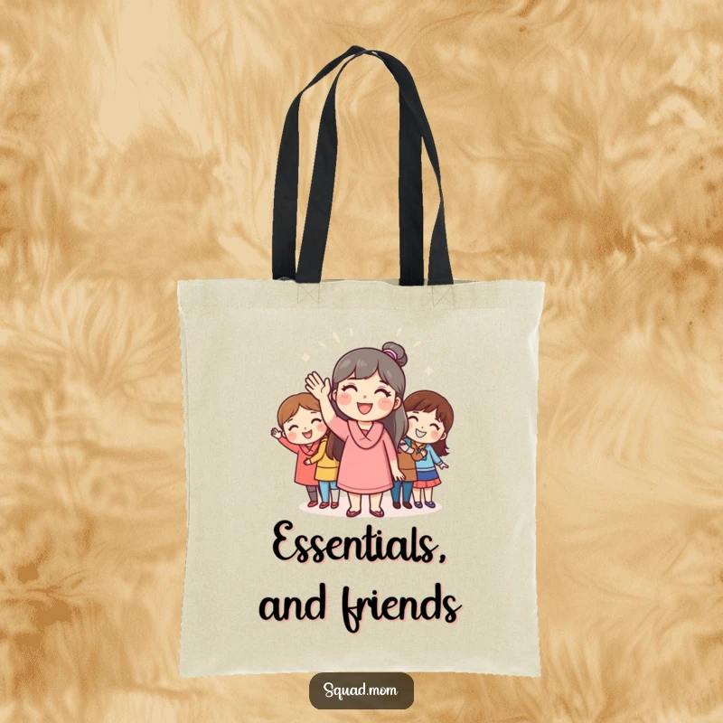 Funny tote bag of a mom friend waving cheerfully to friends, ideal for carrying essentials with a warm and humorous touch, a practical funny gift.