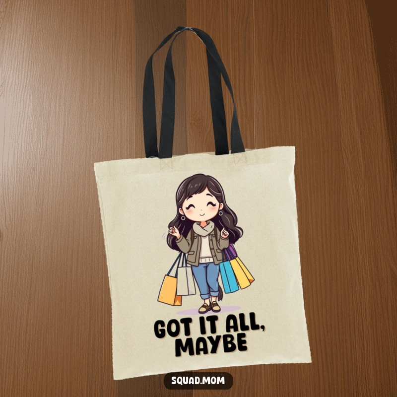 Funny tote bag of a mom friend with multiple shopping bags, ideal for carrying purchases with style and humor, a practical funny gift.