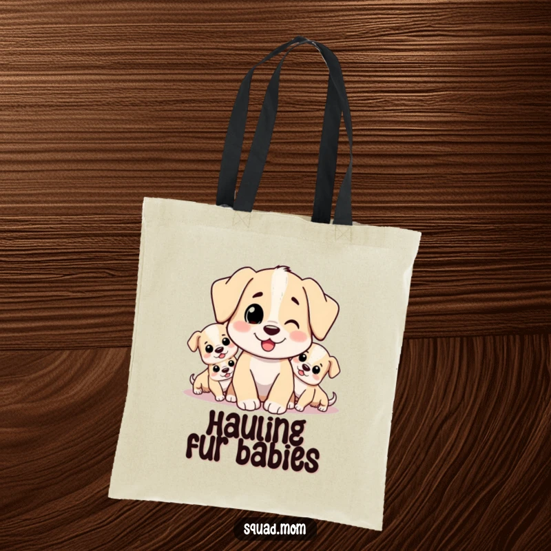 Funny tote bag depicting a proud dog mom character with her playful litter of puppies. Practical and humorous.