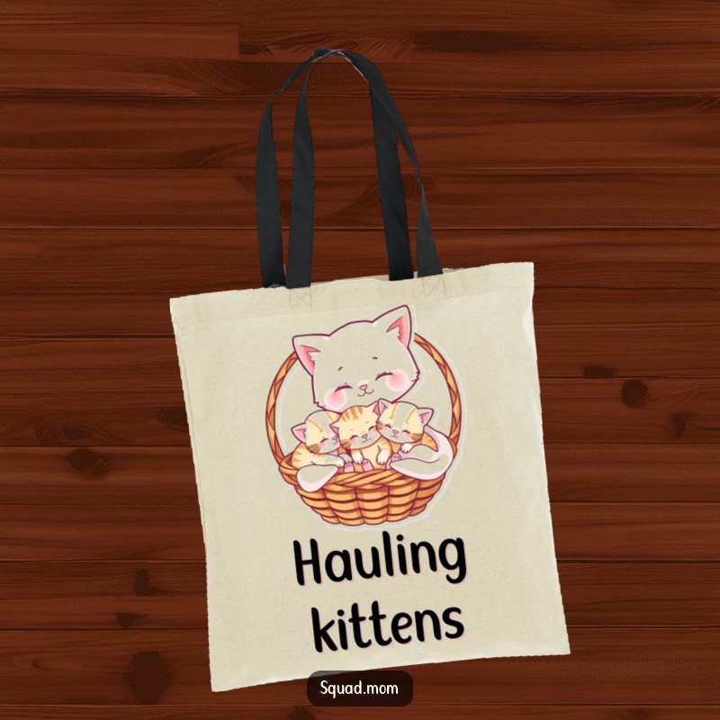 Funny tote bag featuring a loving mama cat nestled with her playful kittens inside a charming basket, ideal for carrying love.