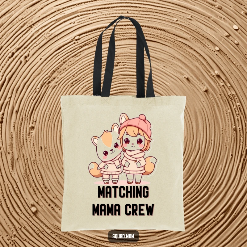 Funny Kawaii mom friend animal character wearing matching outfits with her child on a durable tote bag, a stylish accessory.