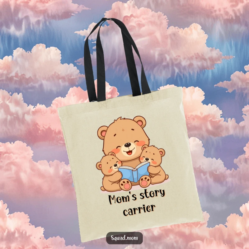 Funny Bear Mom Tote Bag: Cute mama bear reading to her cubs, perfect for carrying daily items with a theme of love and stories.
