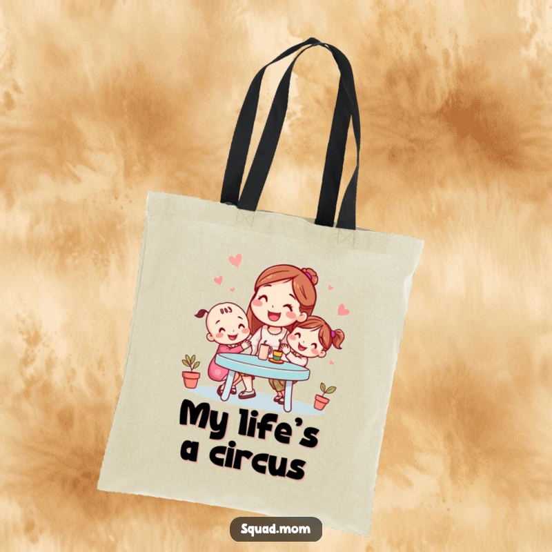 Funny tote bag featuring a smiling mom friend organizing a playdate, perfect for carrying essentials with humor and style, a delightful funny gift.