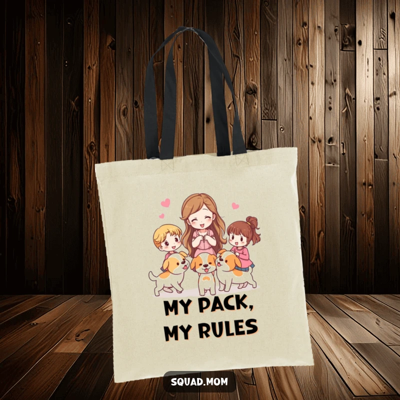 Funny tote bag showing a woman herding women like puppies, ideal for carrying group supplies.