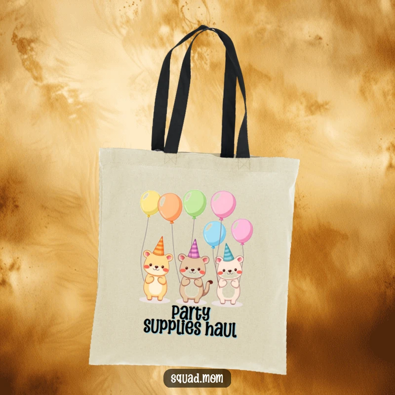 Funny tote bag featuring a charming collection of animal friends wearing silly hats and holding balloons, perfect for carrying party supplies.