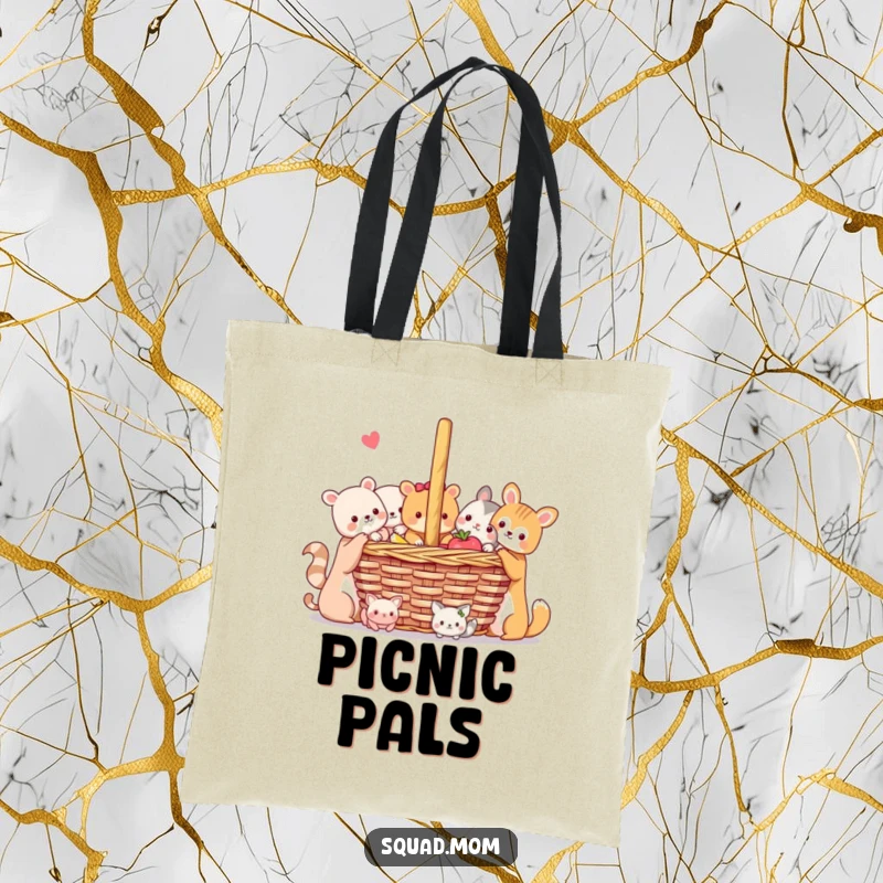 Funny Animal Friends Tote Bag: Adorable animals sharing a picnic basket, perfect for carrying essentials with a theme of friendship and fun.