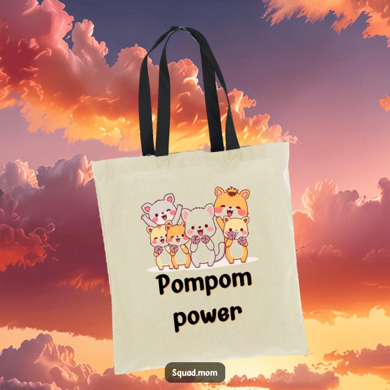 Funny tote bag showcasing a group of cheerful animal friends holding tiny pom-poms and cheering, perfect for carrying essentials with a smile.