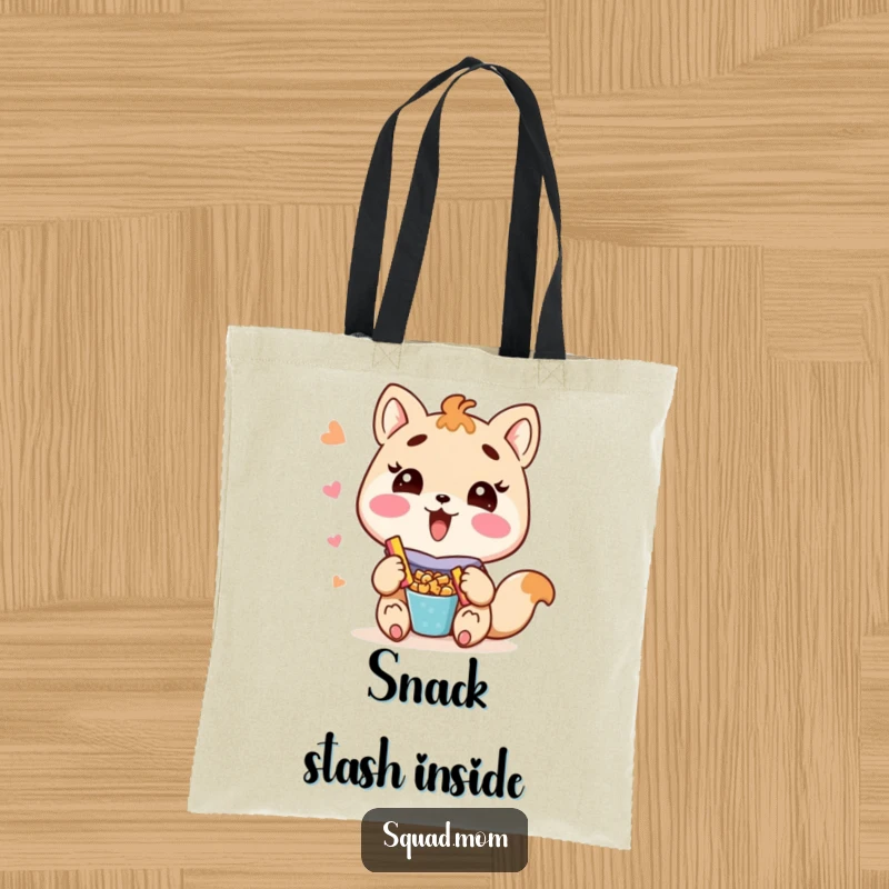 Funny Kawaii mom friend animal character enthusiastically sharing a pile of snacks on a durable tote bag, a cute accessory.